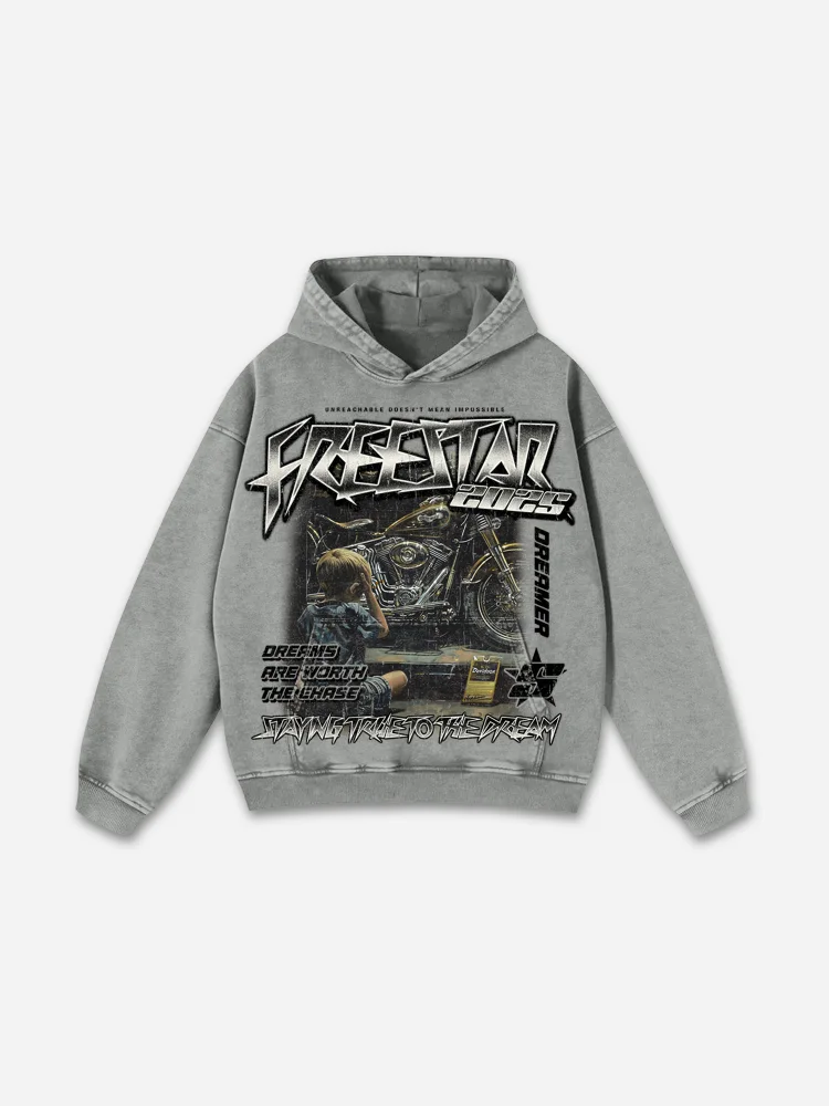 Free Star Chase The Dream Do-over Vintage Biker Graphic Washed Hoodie
