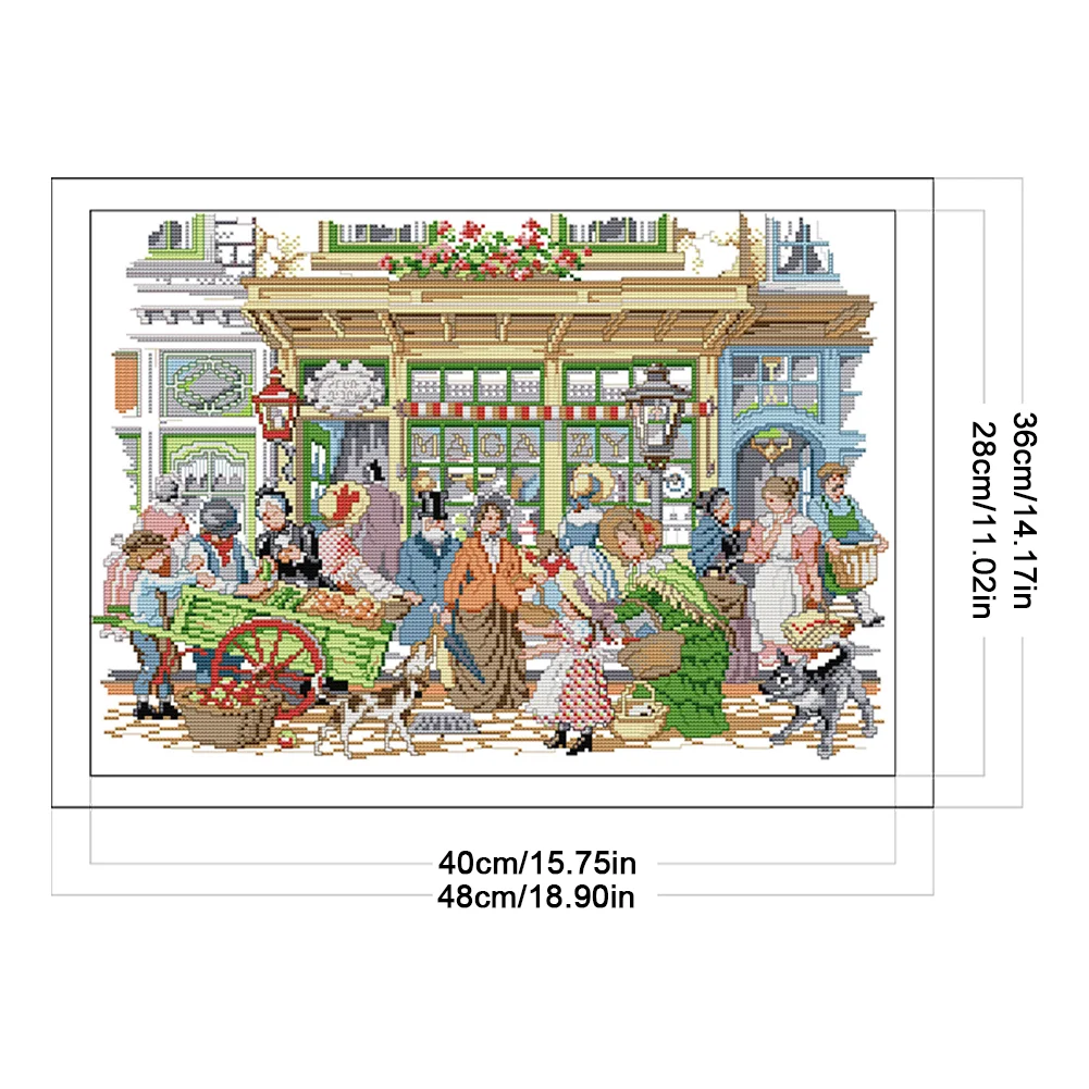 DIY Stamped Cross Stitch 14CT Partial Embroidery 48*36cm - Bustling Street Market