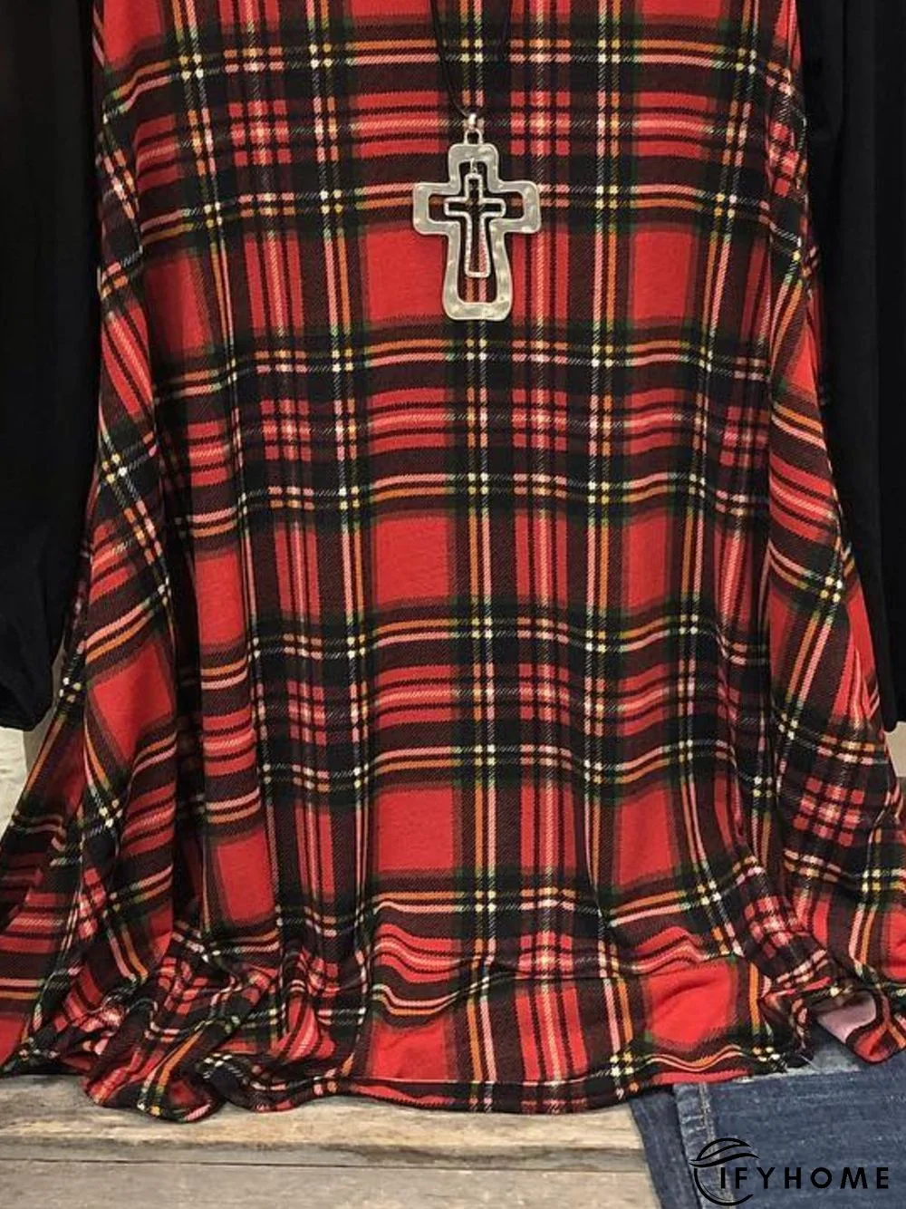 Crew Neck Casual Cotton-Blend Checkered/plaid Knitting Dress | IFYHOME