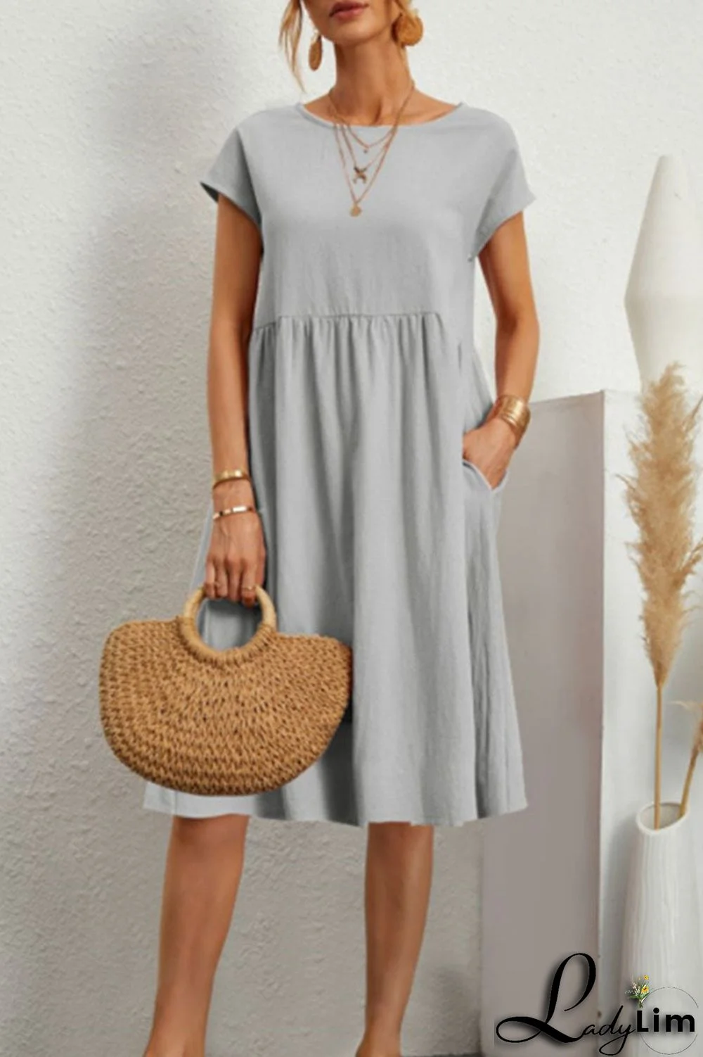 Casual Solid Patchwork O Neck A Line Short Sleeve Dress(11 colors)