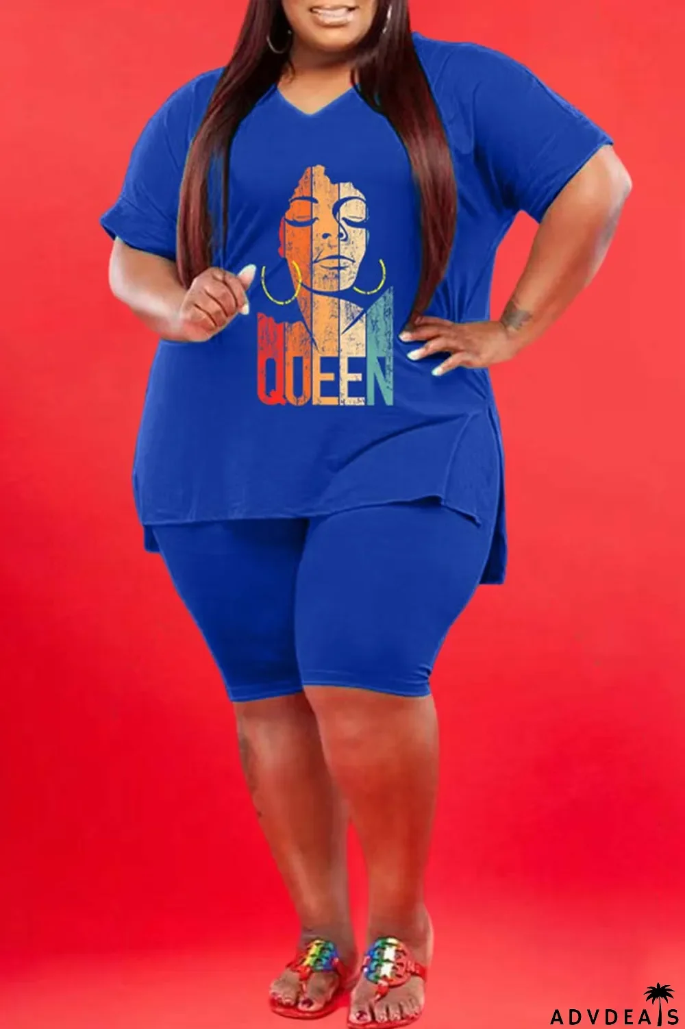 Green Casual Print Slit V Neck Plus Size Two Pieces