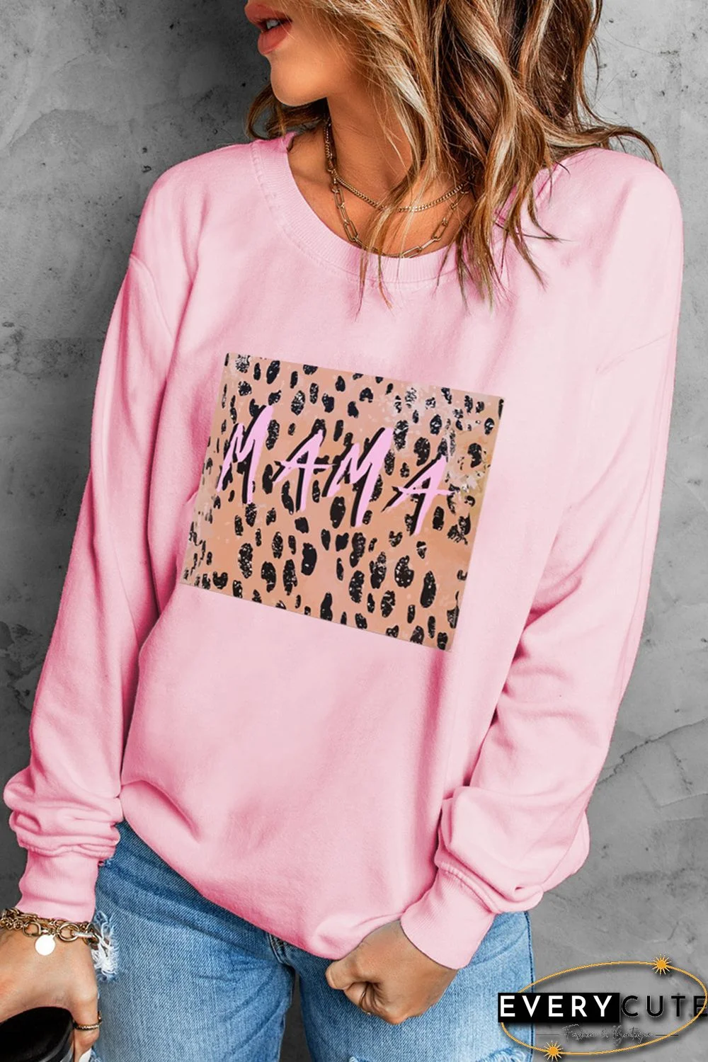 Pink MAMA Leopard Color Block Drop Sleeve Pullover Sweatshirt