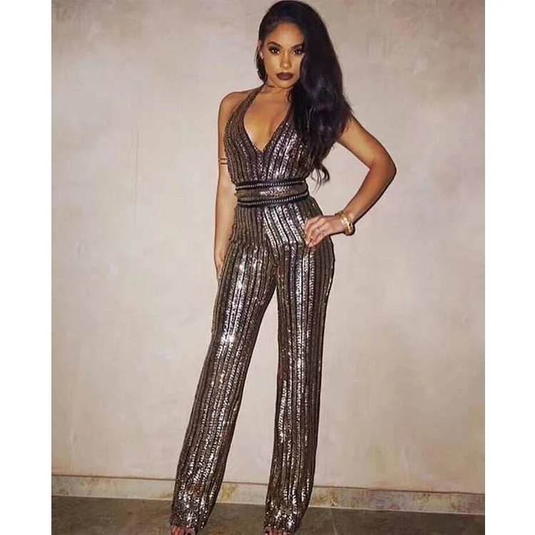 Golden Glitter V-Neck Jumpsuit Women  Skinny Backless Bodycon Jumpsuits Ladies Elegant Party Overalls Clubwear 2023