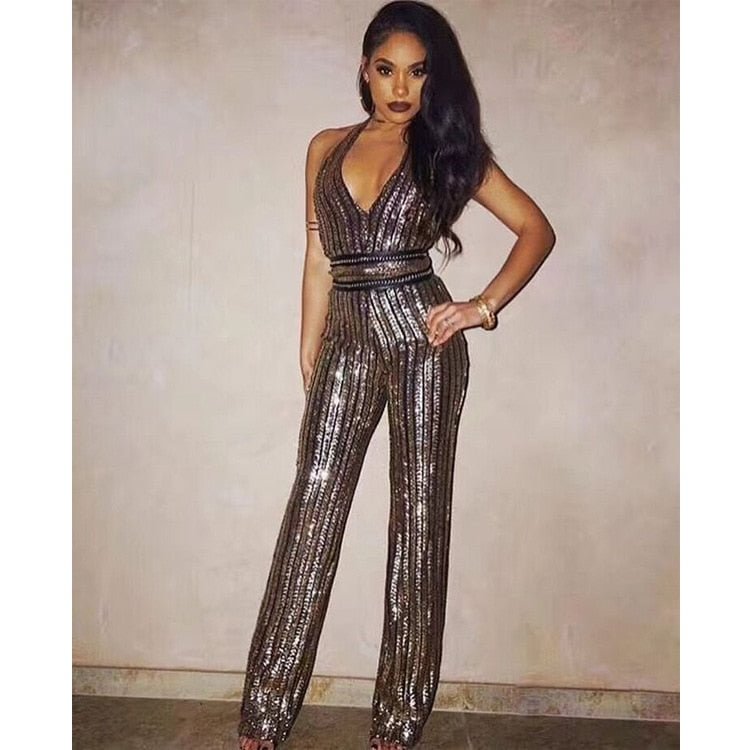 Golden Glitter V-Neck Jumpsuit Women Sexy Skinny Backless Bodycon Jumpsuits Ladies Elegant Party Overalls Clubwear 2022 - BlackFridayBuys