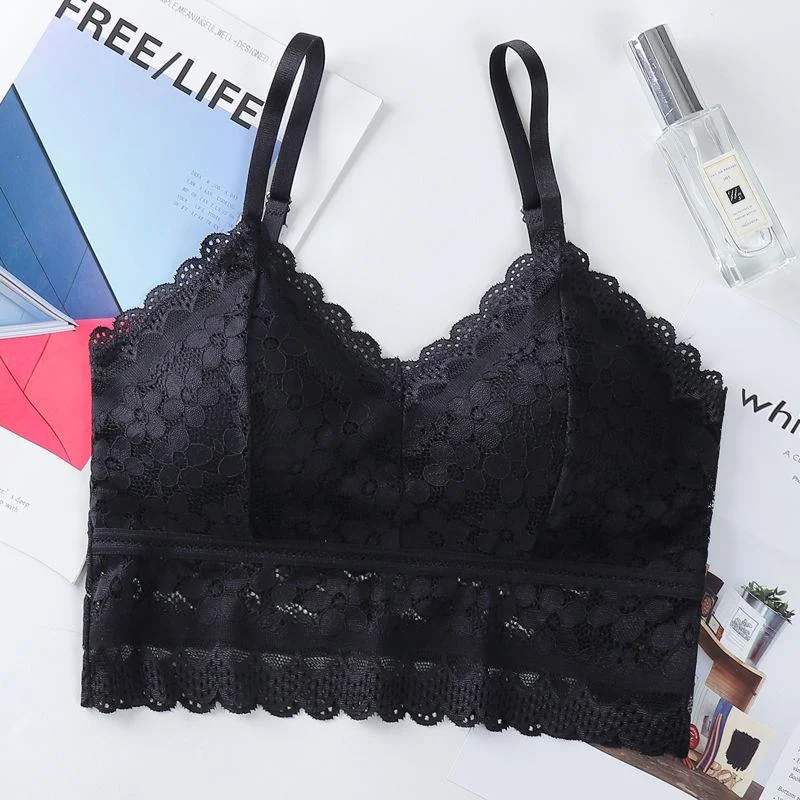 Meet'r Women Sexy Hollow Out Bralette Solid Color Beauty Back Lace Underwear Vest Female Add pad Wireless Bra Seamless Lingerie