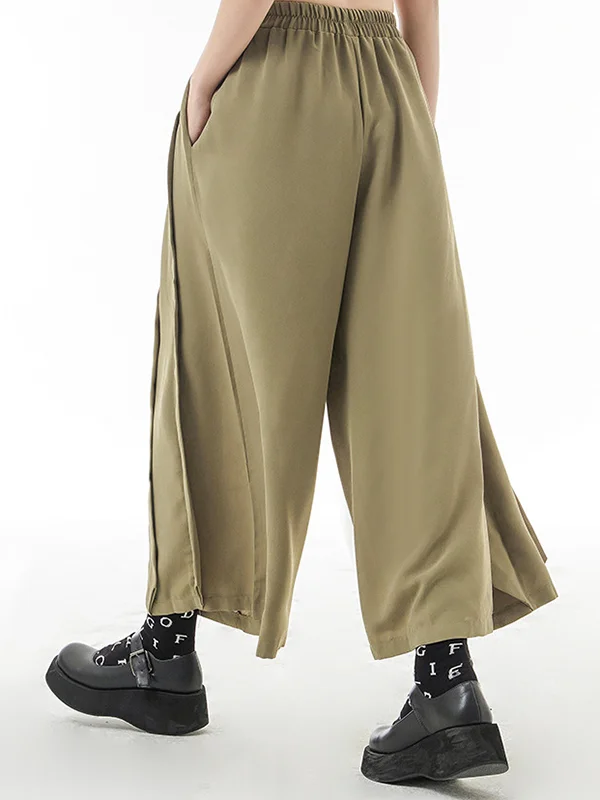 Casual Elasticity Waisted Solid Color Wide Leg Pleated Pants