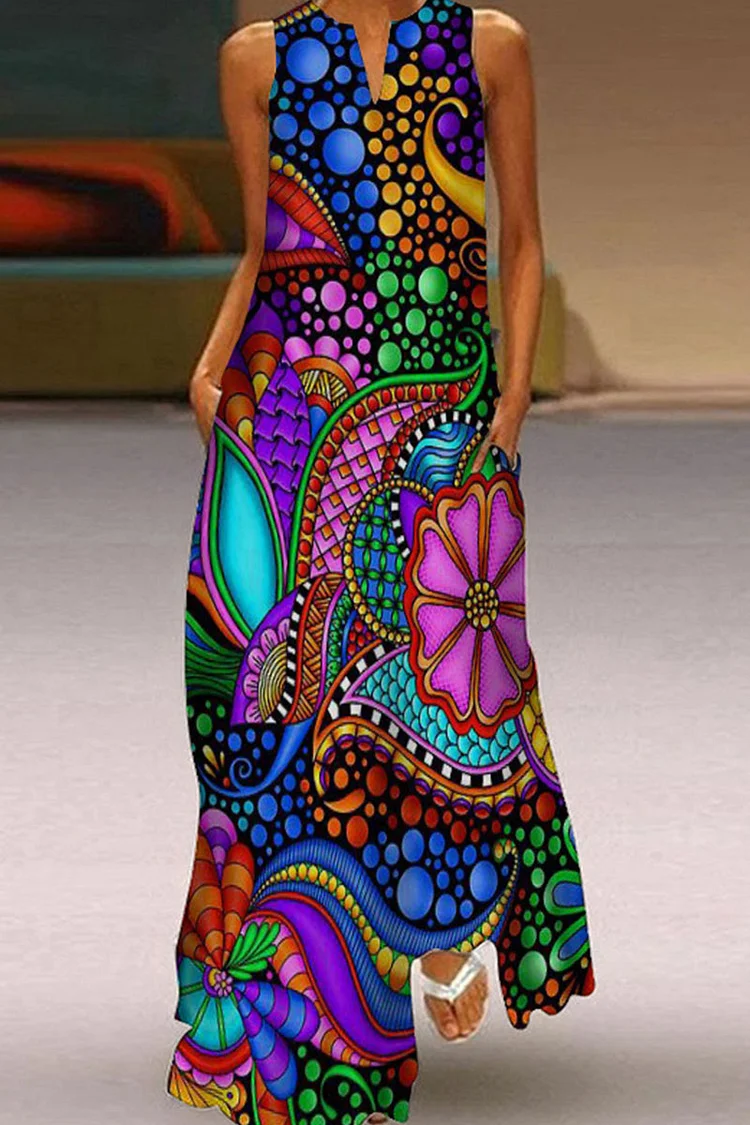 Colour Casual Print Patchwork V Neck Straight Dresses