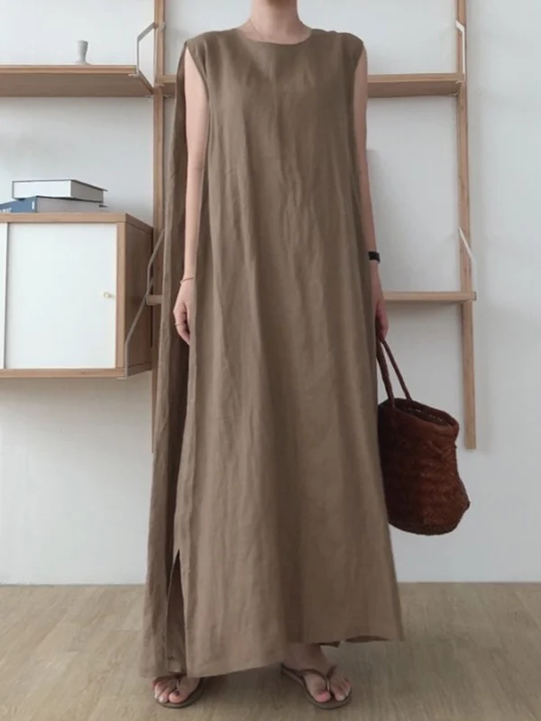 Casual Simple Solid Color Split-Side Round-Neck Sleeveless Midi Dress