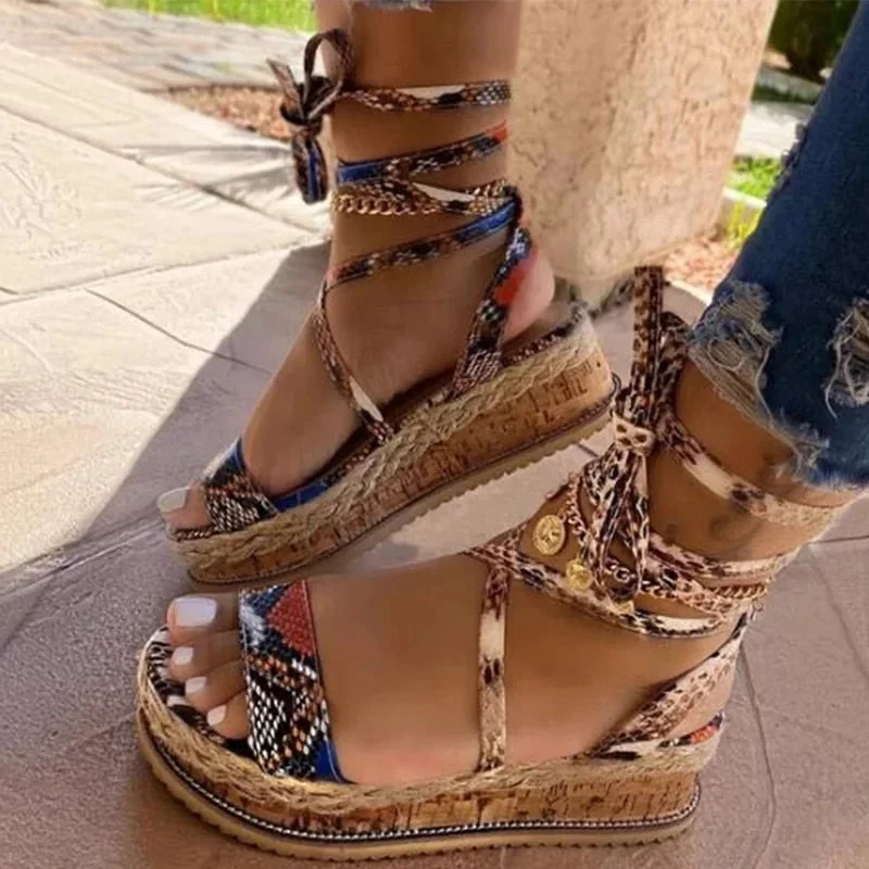 Women Sandals  Summer Snake Wedge Shoes Ethnic Print Fashion Casual Lace Up Women Shoes Beach Ladies Plus Size Shoes Sandals