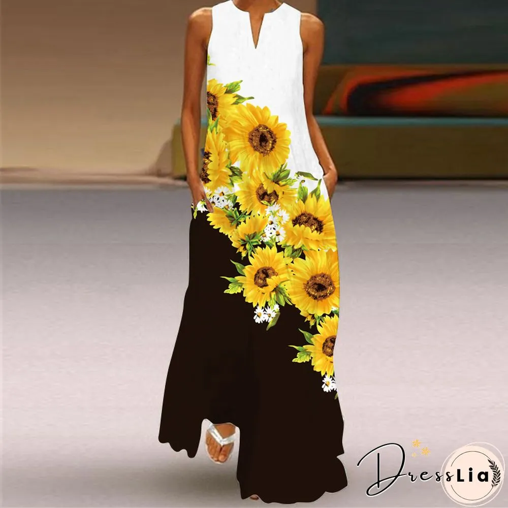 New Fashion Print Summer Dress Casual Sexy Boho Beach Women Party V-neck Sleeveless Pocket