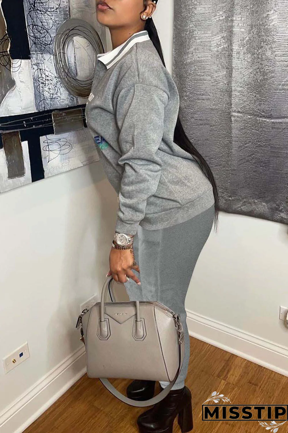 Black Casual Print Patchwork Turndown Collar Long Sleeve Two Pieces