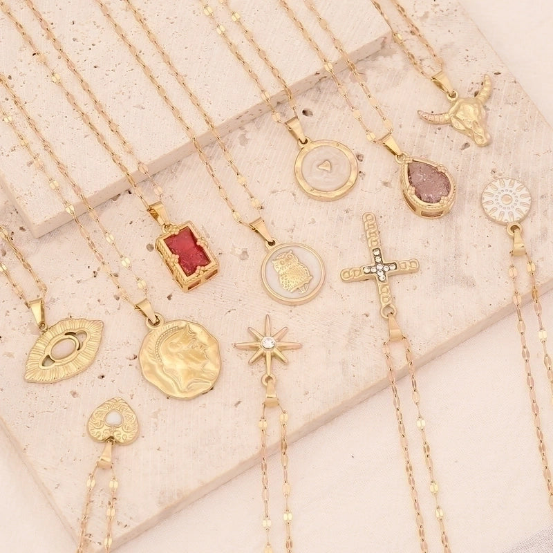 Fashion Portrait Geometric Owl Stainless Steel Plating Inlaid Zircon 18K Gold Plated No Inlaid Pendant Necklace