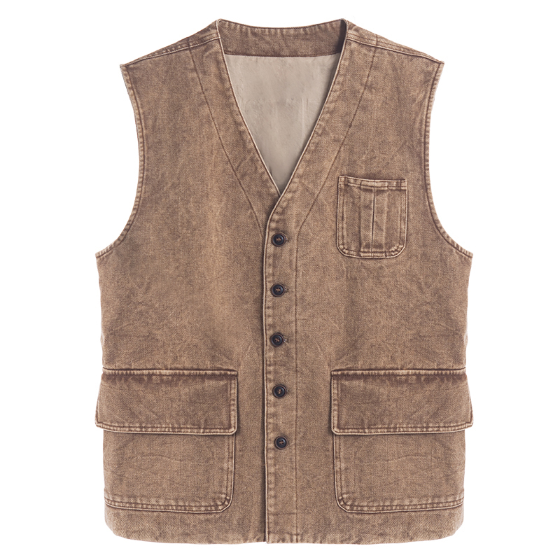 Retro Distressed Workwear Single-Breasted Vest