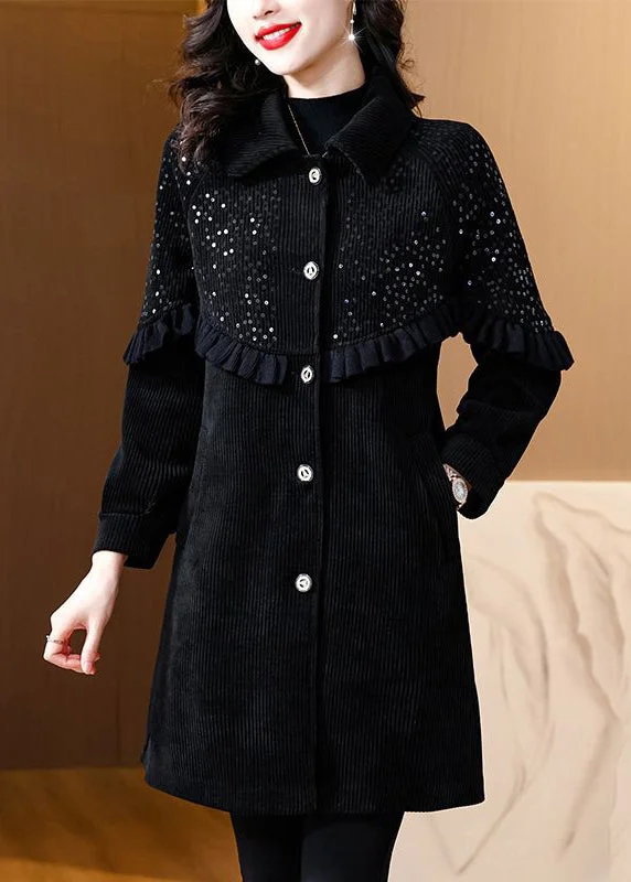 Loose Black Ruffled Sequins Patchwork Thick Coats Spring