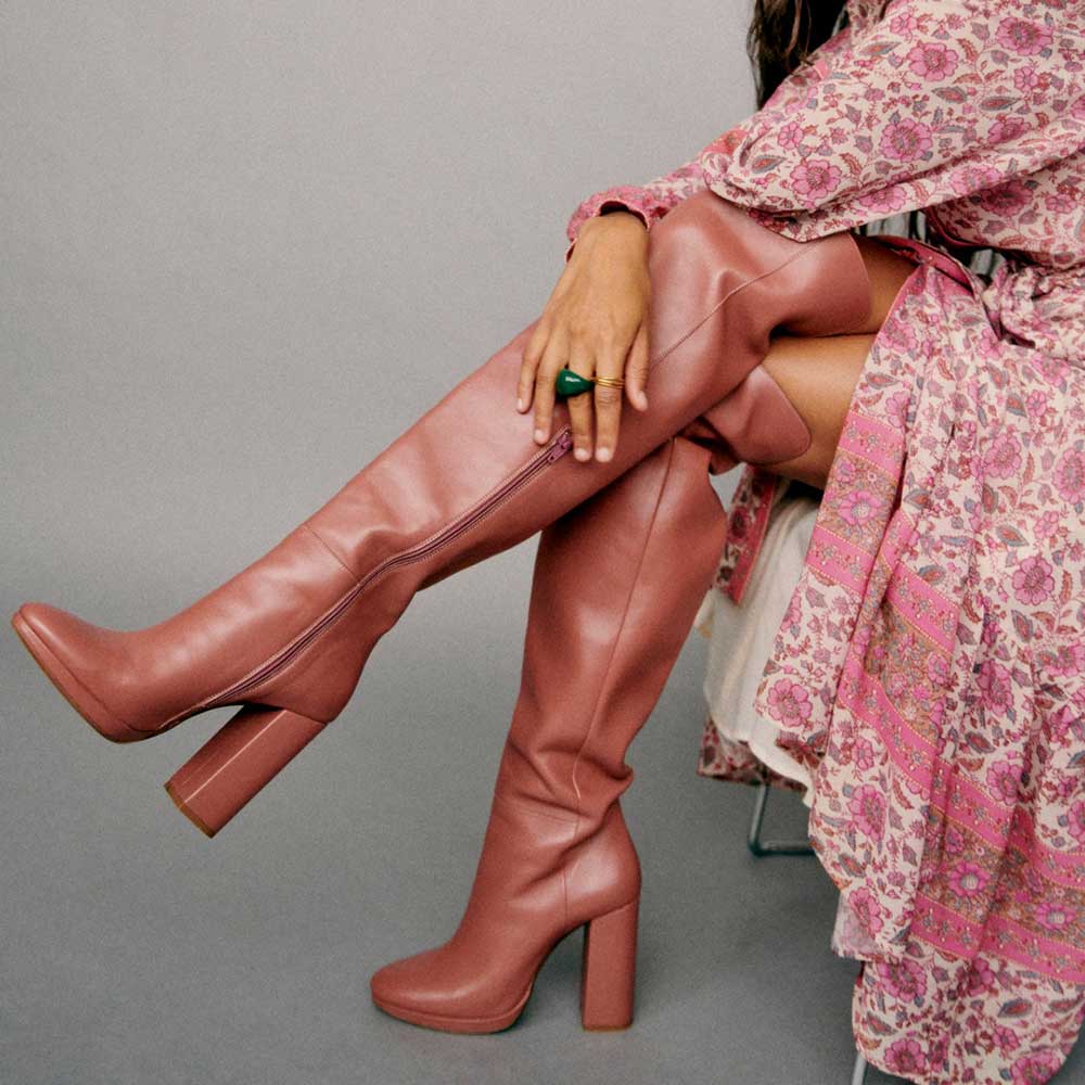 Pink Vegan Leather Snip Toe Chunky Heel Thigh High Boots Nicepairs
