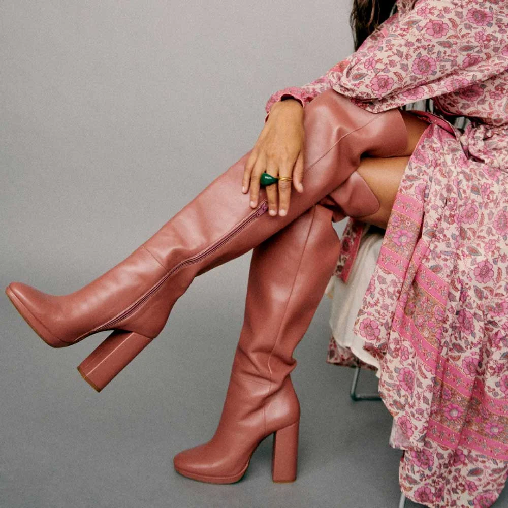 Pink Vegan Leather Partial-Zipped Thigh High Boots With Chunky Heels Nicepairs