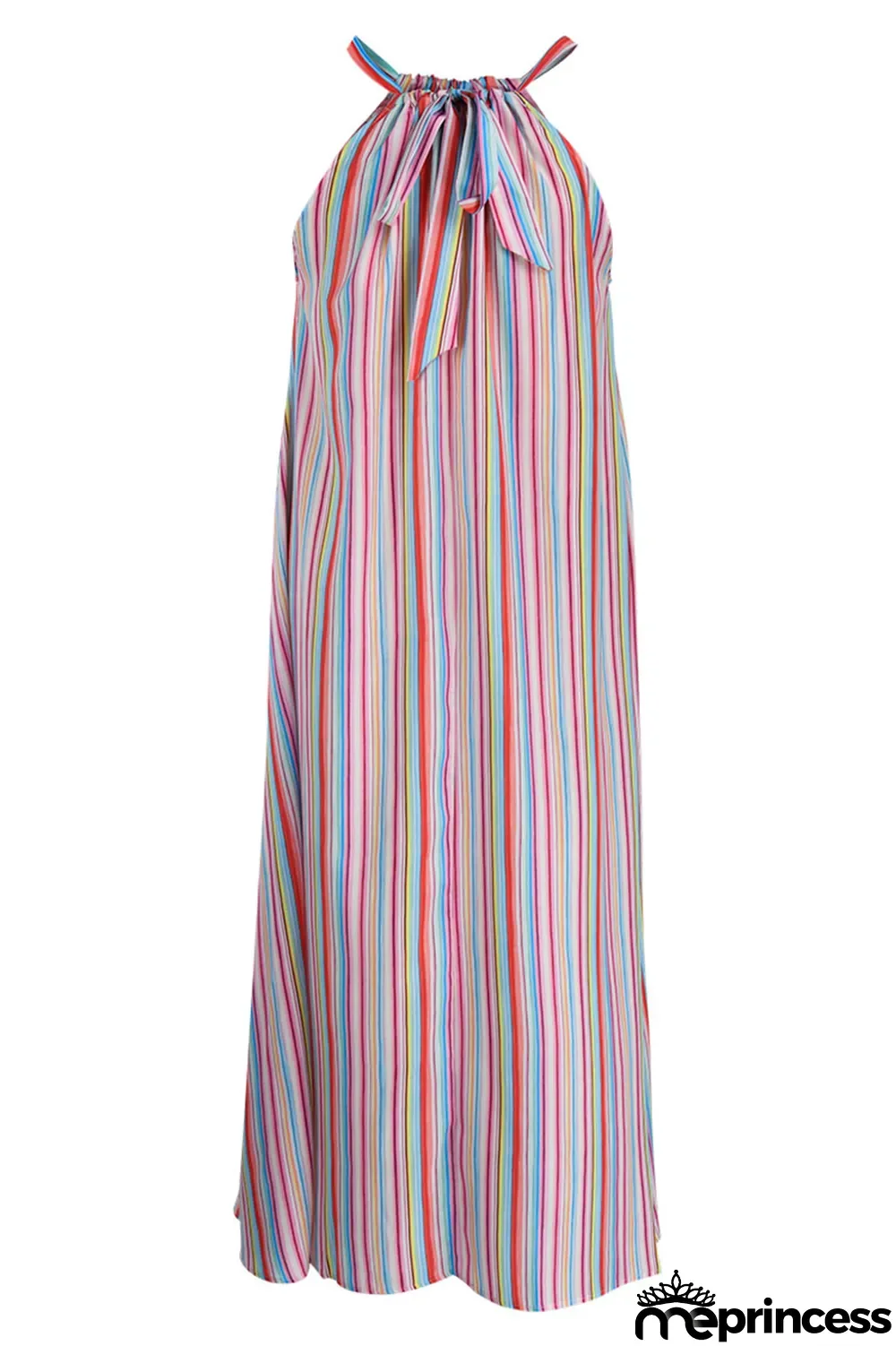 Light Blue Fashion Casual Plus Size Striped Print Backless O Neck Sleeveless Dress