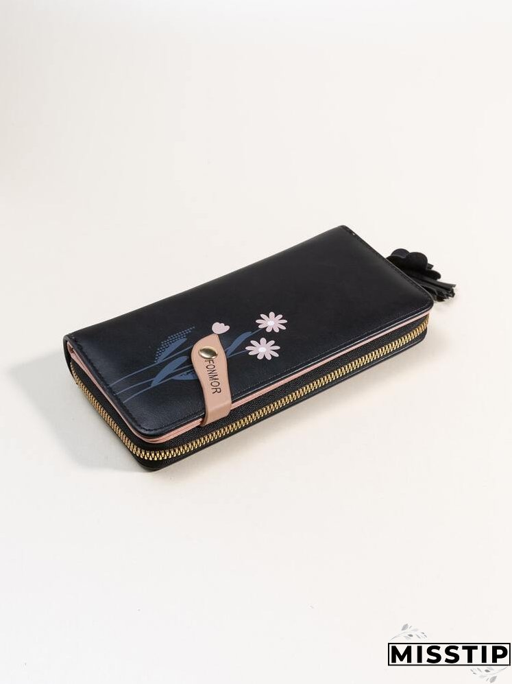 Floral Print Tassel Decor Long Wallet With Wristlet