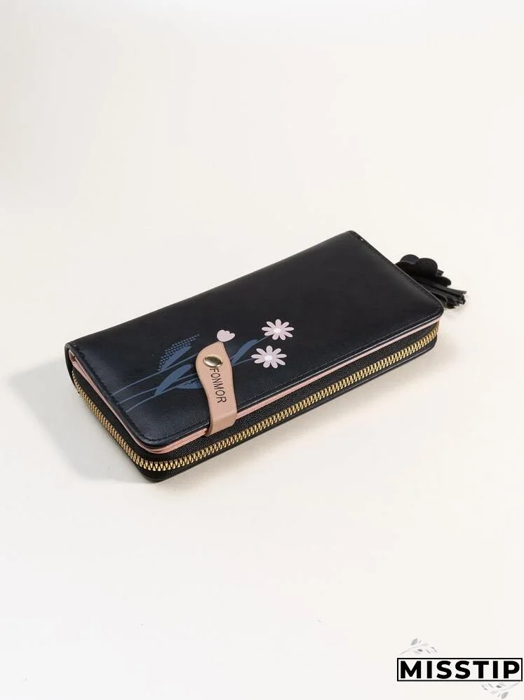 Floral Print Tassel Decor Long Wallet With Wristlet