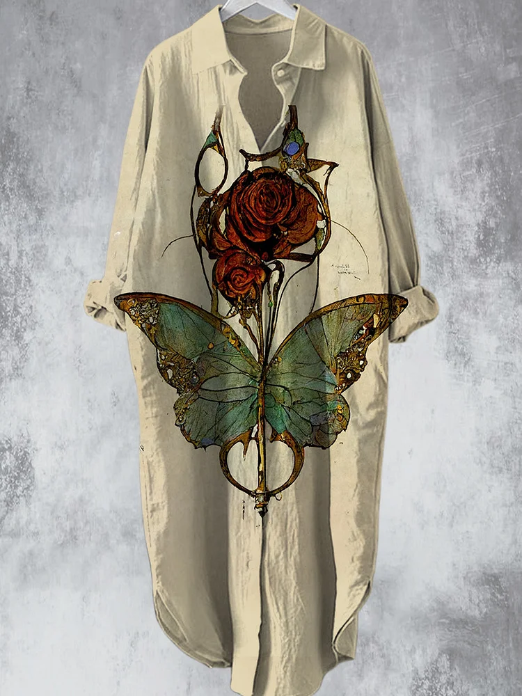 Élégant Vintage Papillon Fleurs Imprimé Col en V Bouton de Revers Lâche Midi Chemise Robe