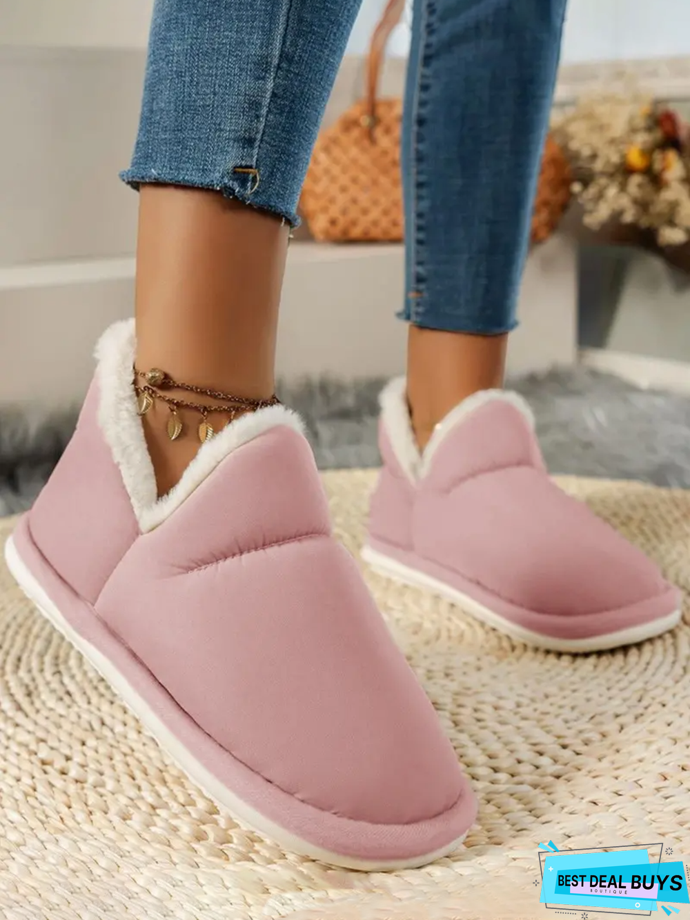 Fluffy Trim Lined Household Slipper Boots