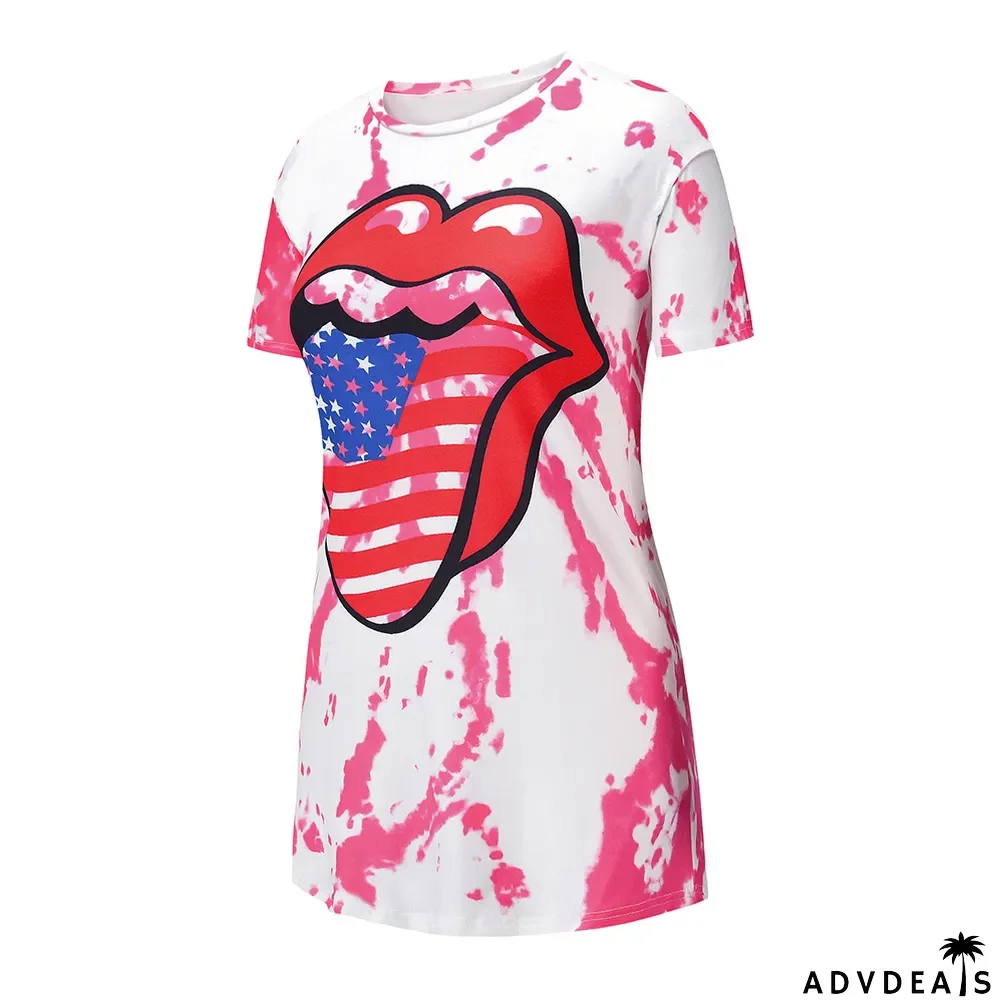 Summer Tie Dye Tongue Print O-Neck Regular Shirt