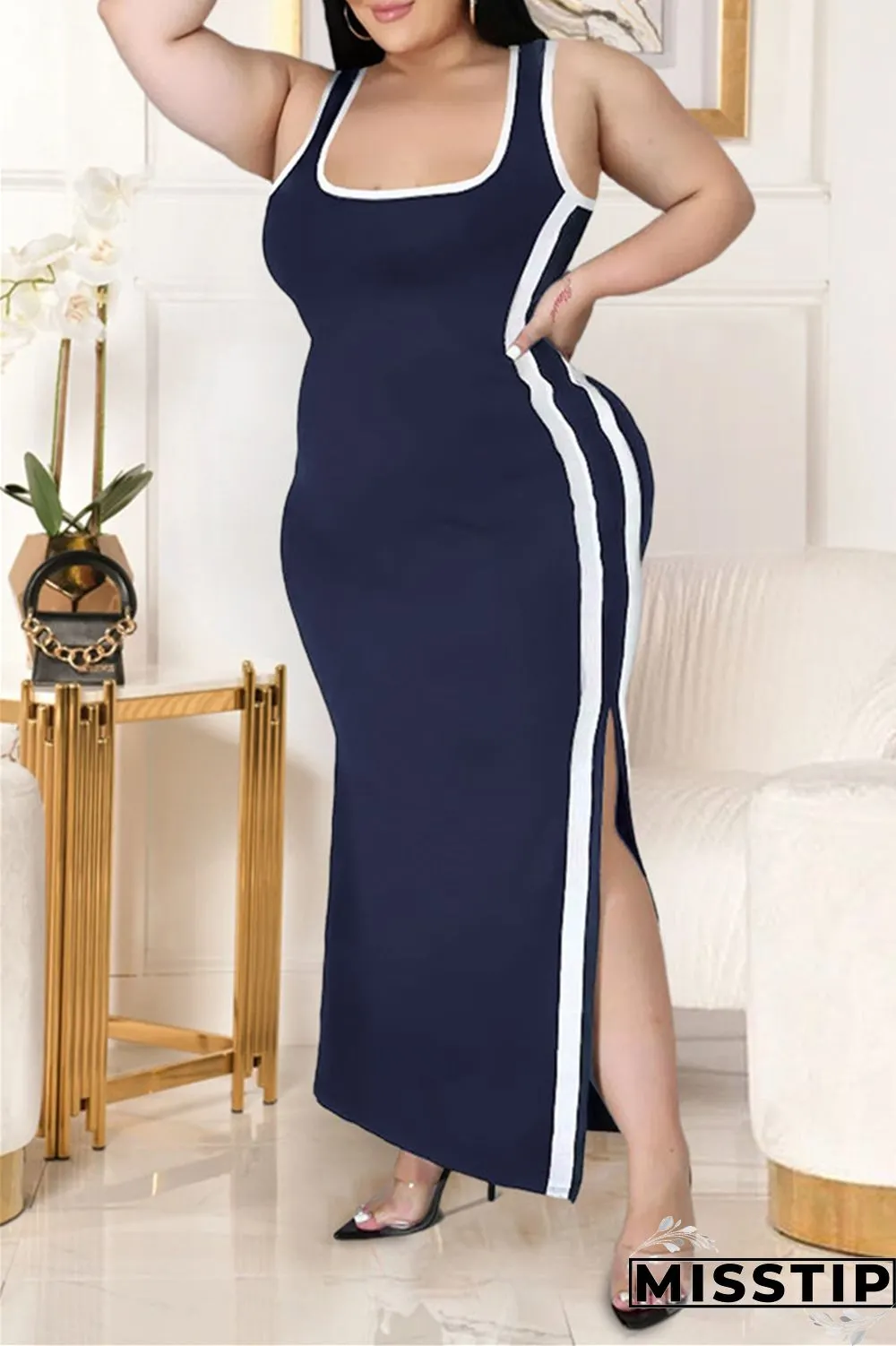 Deep Blue Fashion Casual Patchwork Slit U Neck Vest Dress