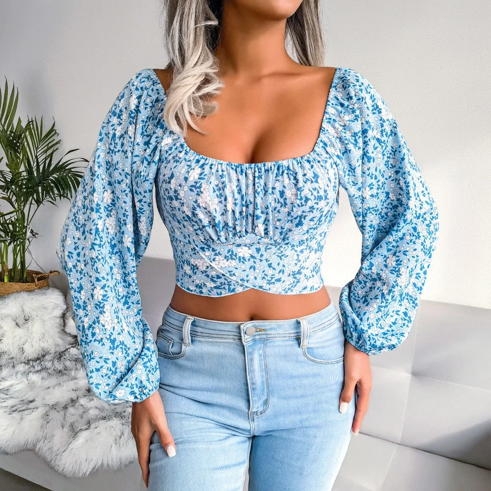 Summer Women T-Shirt Print Color Lantern Sleeve Sexy Beach Style On Holiday Crop Top Chiffon Butterfly OL Female Blouse C3498