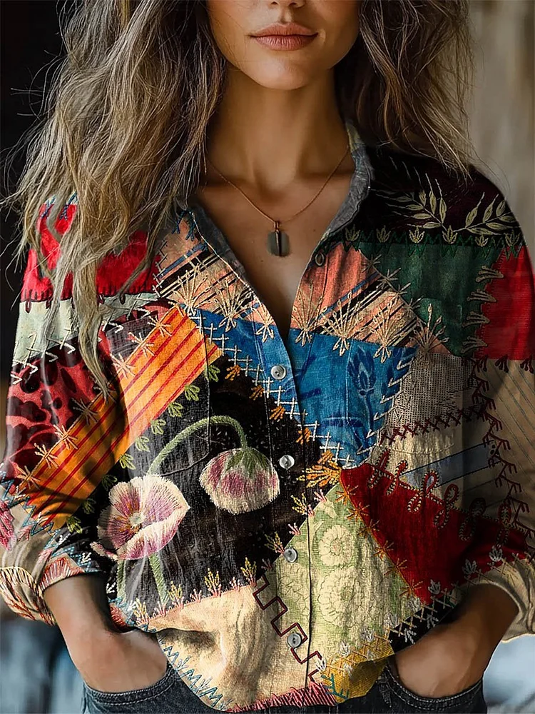 Womens Vintage Floral Patchwork Art Print Casual Long Sleeve Comfortable Cotton Shirt