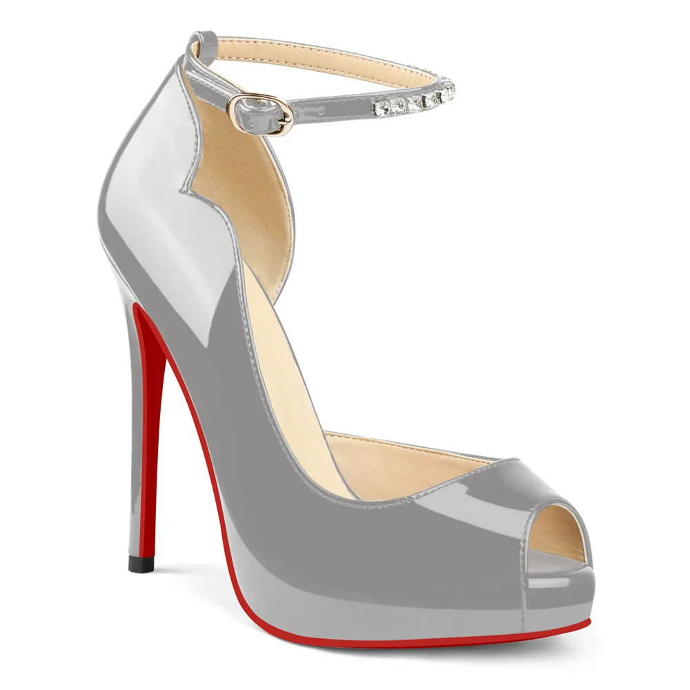 120mm Red Bottom Elastic Strap Slingback Sandals Peep Toe Platform Stilettos Black Patent Heels-MERUMOTE