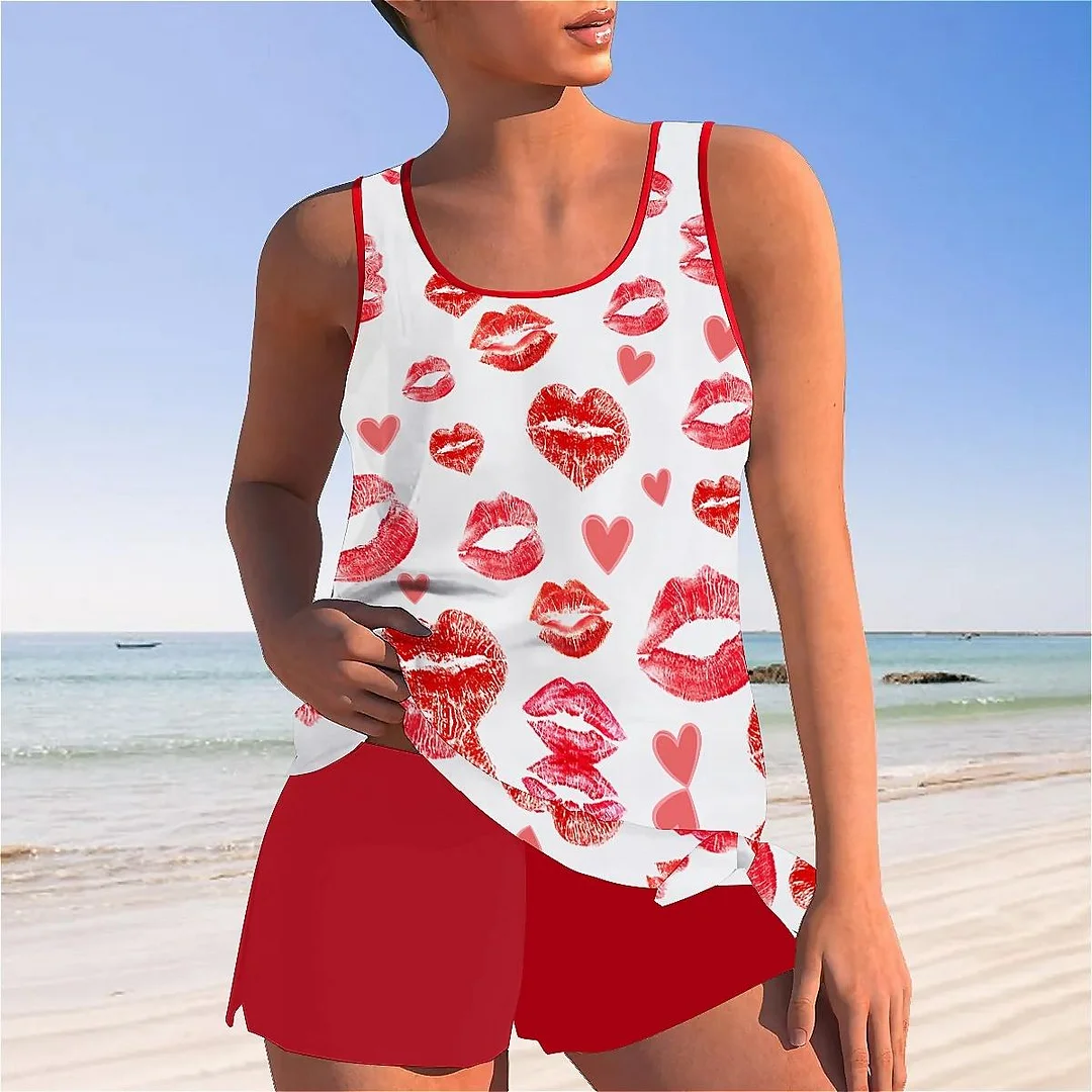Bowknot Heart,Love,Valentine's Day Mid Waisted Tankini Set - Plus Size Available