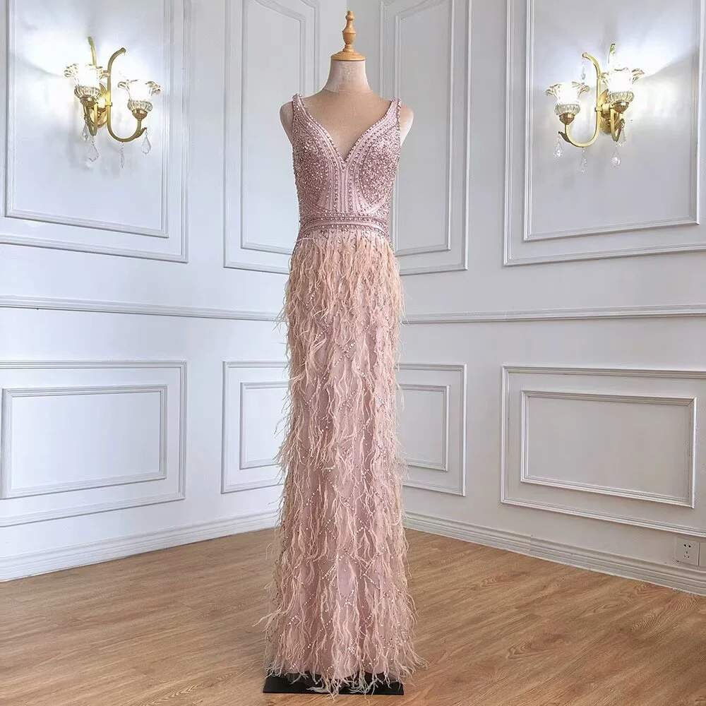 Okdais Luxury V Neck Pink Beaded Evening Dress Sleeveless Feather Mermaid Sleeveless