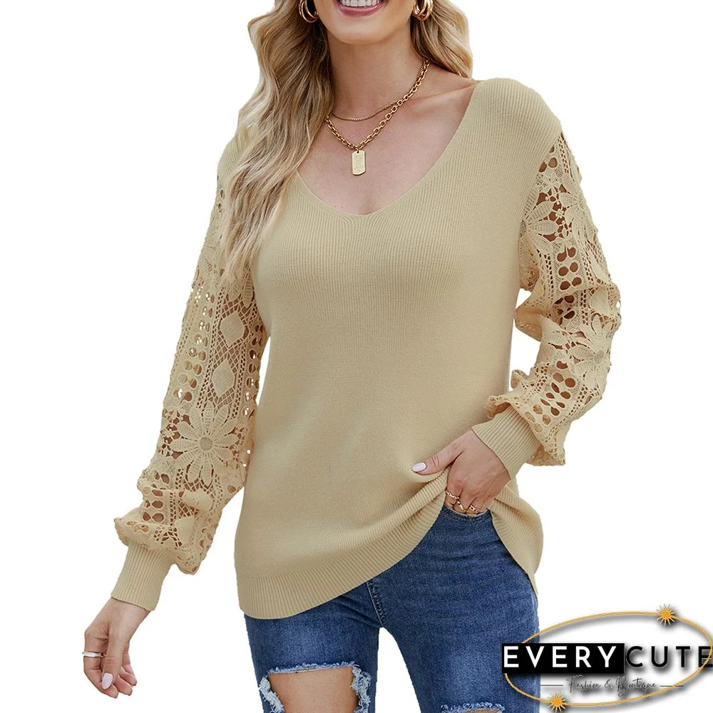 Apricot V Neck Splicing Crochet Sleeve Pullover Sweater