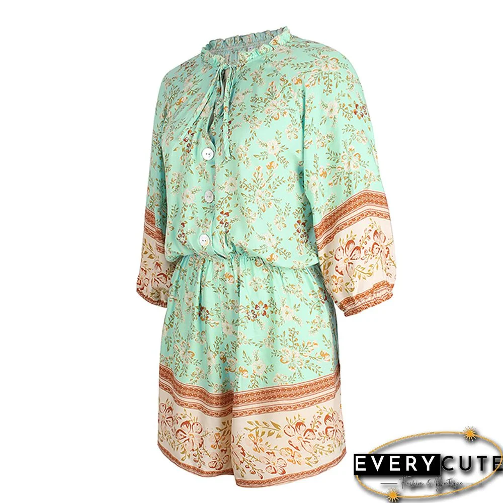 Light Green Bohemia Print V Neck Casual Romper