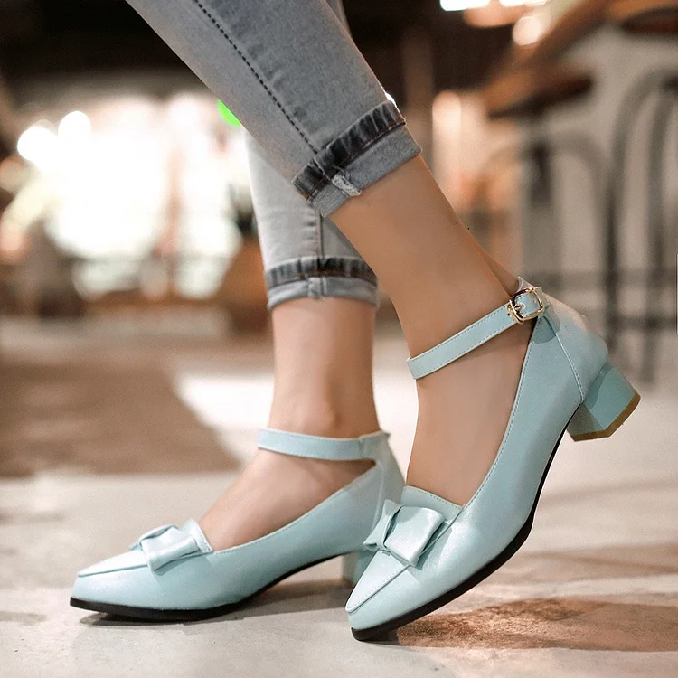 Light Blue Ankle Strap Bow Chunky Heel Pumps School Shoes Vdcoo