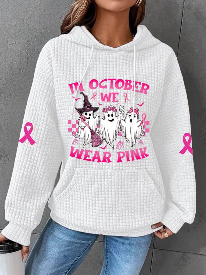 Women's In October We Wear Pink Halloween Ghost Breast Cancer Awareness Warrior Waffle Hoodie
