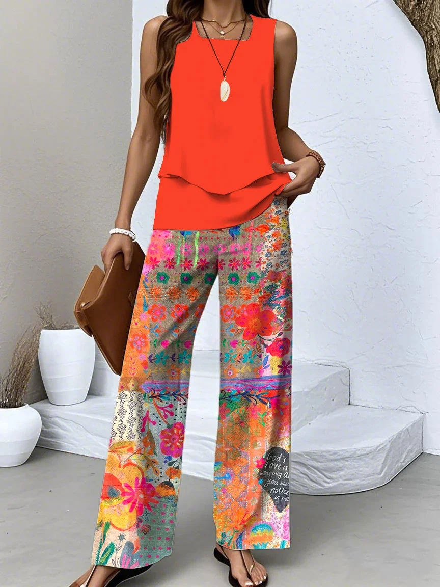 Women's Sleeveless Square Collar Graphic Printed Casual Set