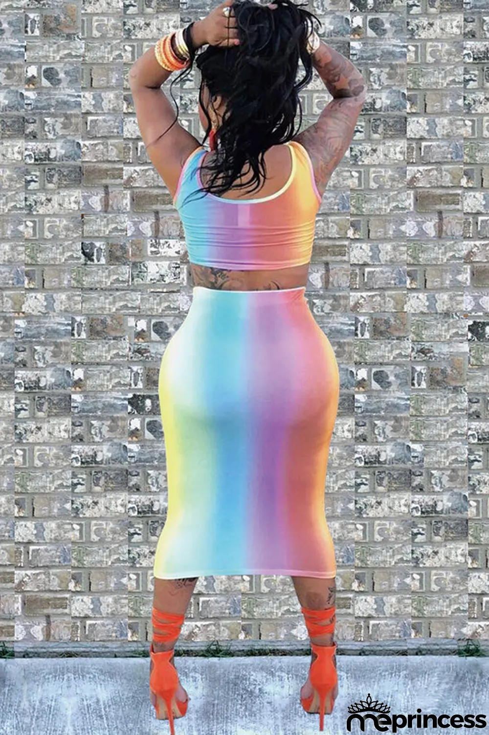 Ombre Sexy Fashion Tank Sleeveless O neck Step Skirt Mid-Calf hollow out Print Fluorescent hole backless