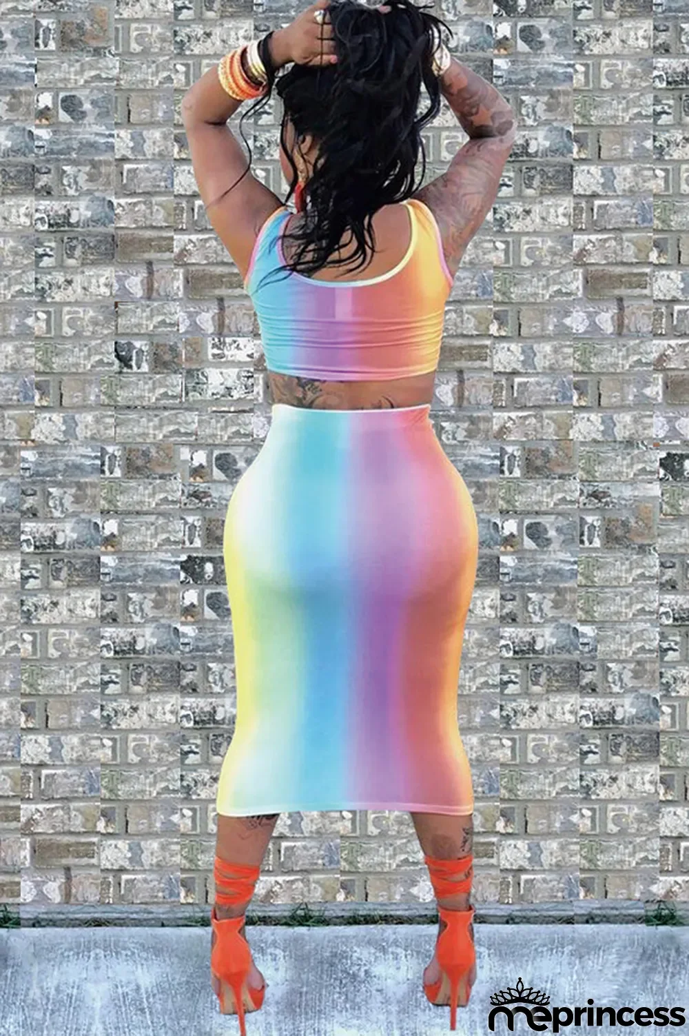 Ombre Sexy Fashion Tank Sleeveless O neck Step Skirt Mid-Calf hollow out Print Fluorescent hole backless