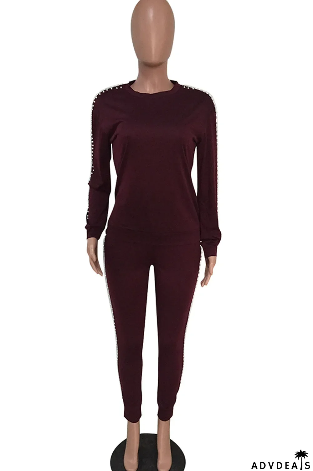 Black Casual Beading Solid Two Piece Suits Patchwork pencil Long Sleeve Two-piece Pants Set