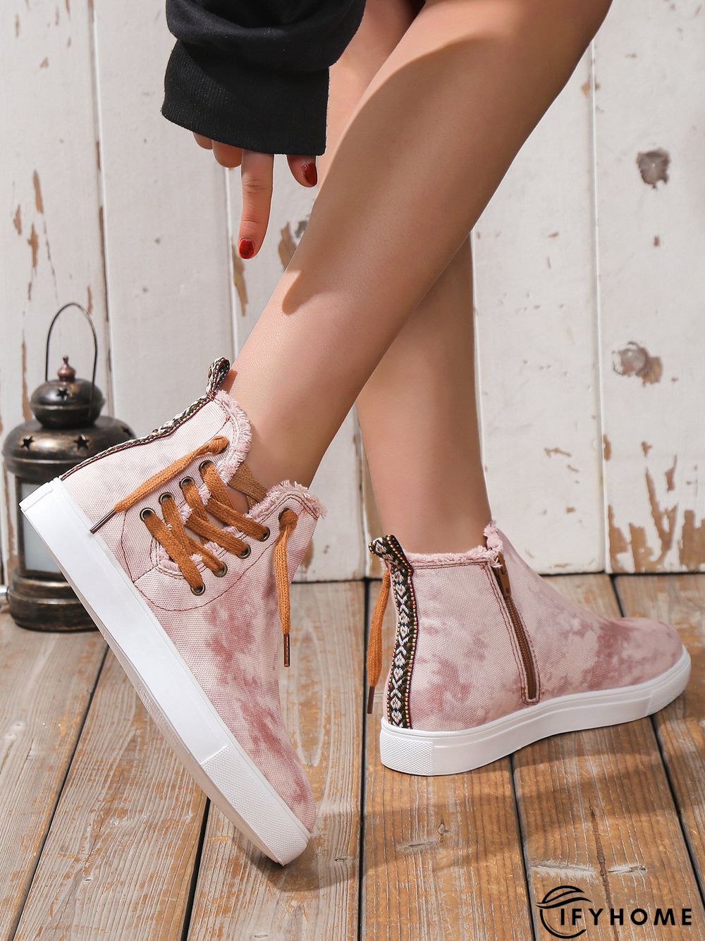 Casual Lace-up Decor Fringe High Top Canvas Shoes with Side Zip | IFYHOME