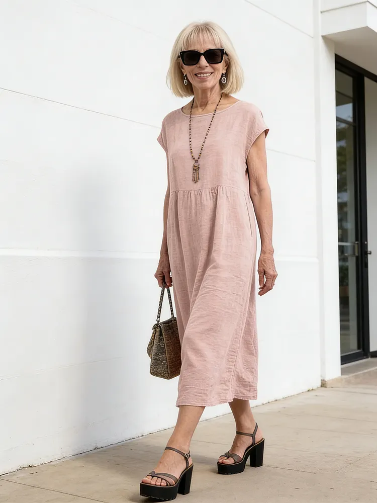 Solid Color Linen Round Neck Fitted Dress
