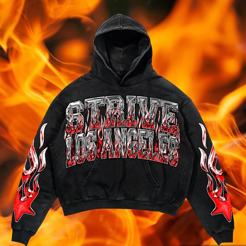 Vintage Metallic Fire Casual Graphic Acid Washed Oversized Hoodie