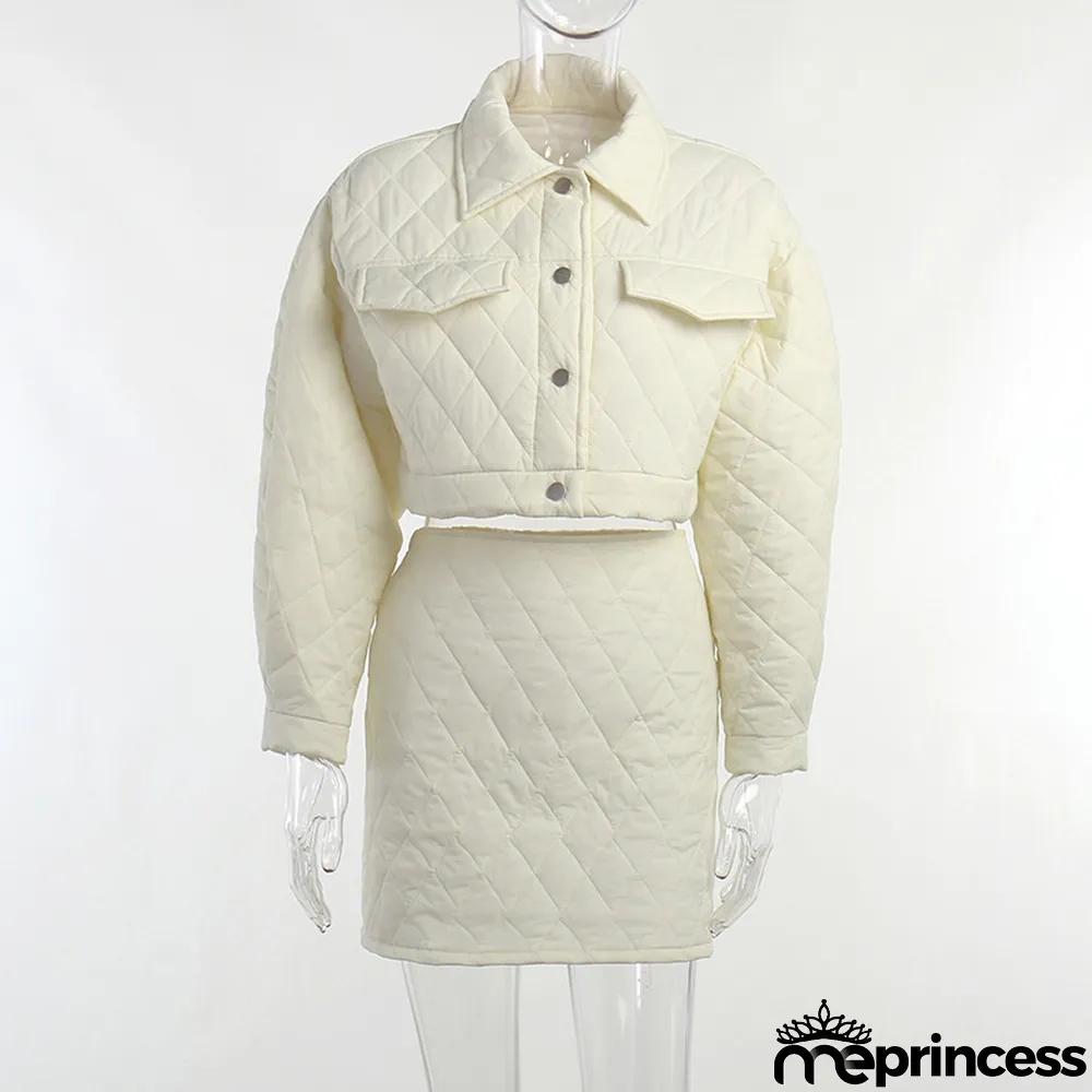 Women Turndown Collar Long Sleeve Diamond Padded Jacket and Skirt Two Piece