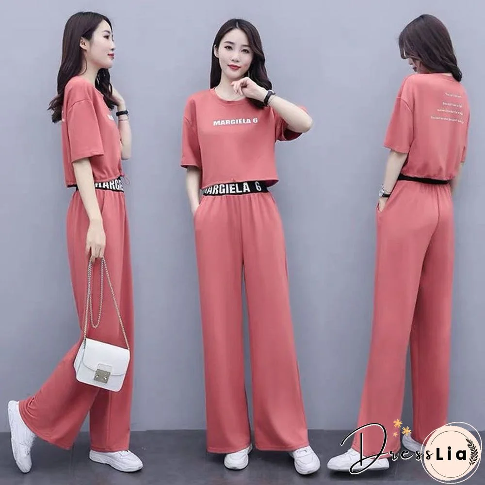 Leisure Sweat Suits Women Matching Summer New Fat Sister Loose Foreign Style Top Wide Leg Pants Two Piece Set Plus Size Clothing