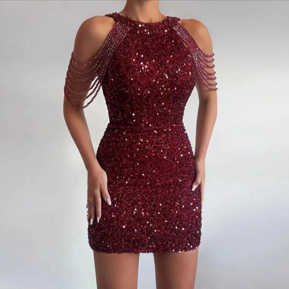 Woman dress prevalent Summer Sequin O neck sleeveless thin waist mini Dresses Casual Vestidos dropshipping FTYSLQ7803
