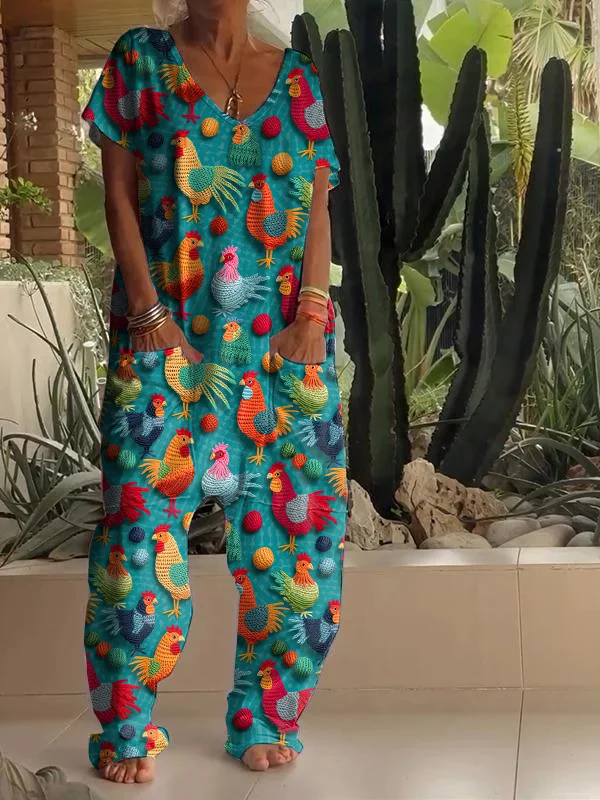 Casual Farm Chicken Print V Neck Jumpsuit