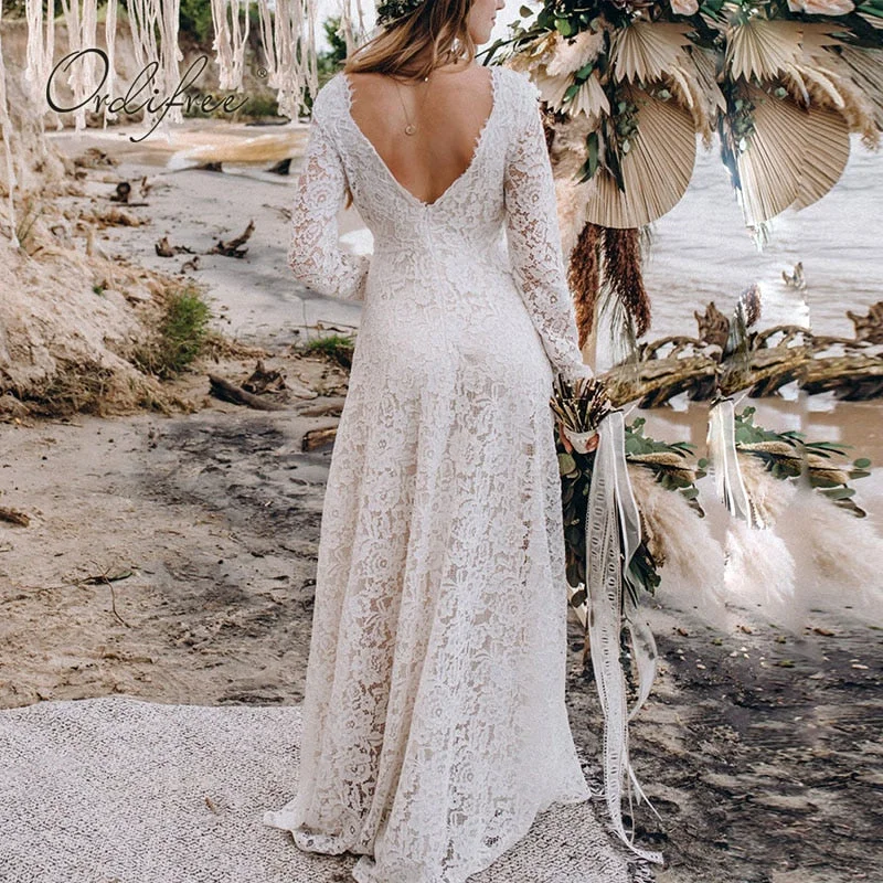 Ordifree 2022 Summer Elegant Women Long Party Dress Long Sleeve See Through White Lace Vocation Maxi Tunic Beach Dress