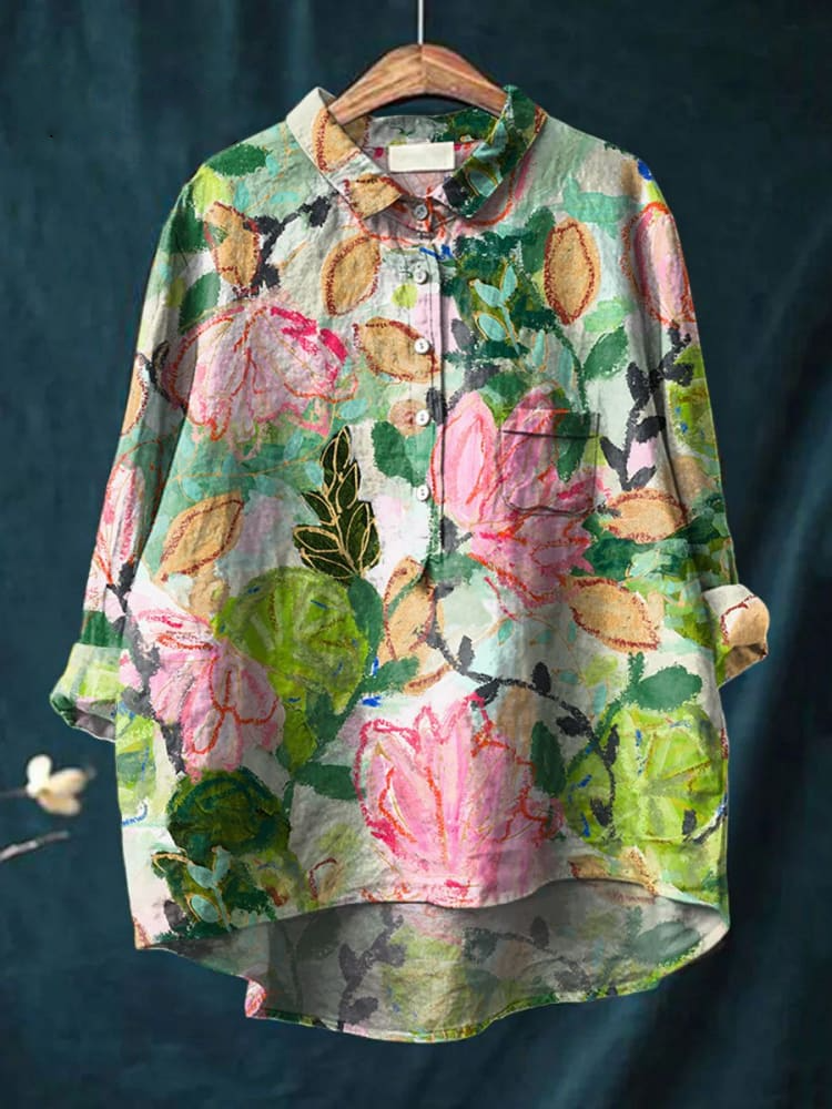 Women's Flower Print Casual Cotton And Linen Shirt