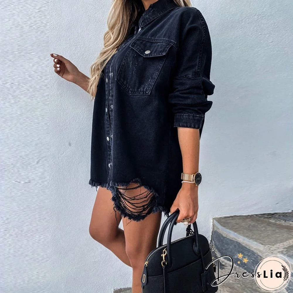 Batwing Sleeve Boyfriend Denim Shirts Jackets Coats Ripped Hole Loose Cardigans Button Jeans Blouses Women Outerwear Tops